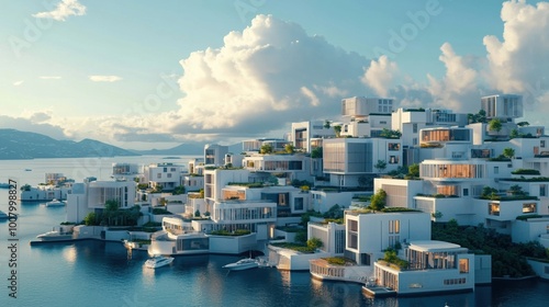 Modern architectural buildings by the water under a bright blue sky.