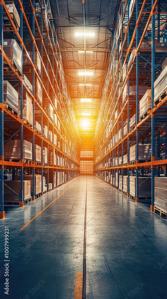 Fototapeta premium A bright warehouse interior at sunset, showcasing organized shelves filled with goods, creating a warm and inviting atmosphere.