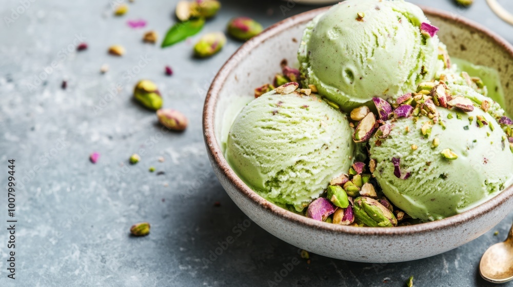 Scoops of delicious pistachio ice cream in a bowl with nuts sprinkled on top creating a fresh look Scoops of delicious pistachio ice cream in a bowl with nuts sprinkled on top creating a fresh look