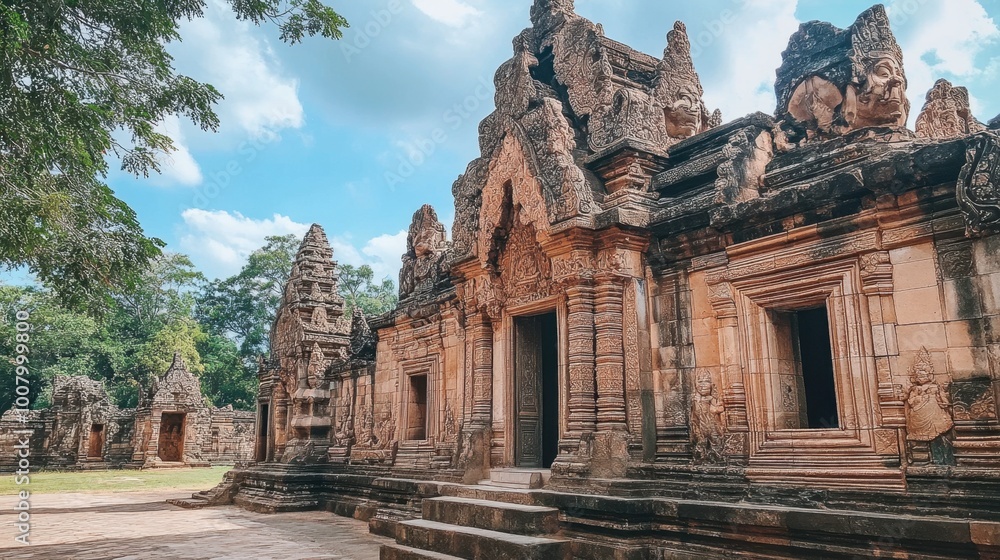 Fototapeta premium The impressive details of stone carvings at the entrance of Phanom Rung Historical Park.