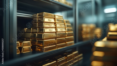 Stacks of gold bars stored in a secure vault with shelves.