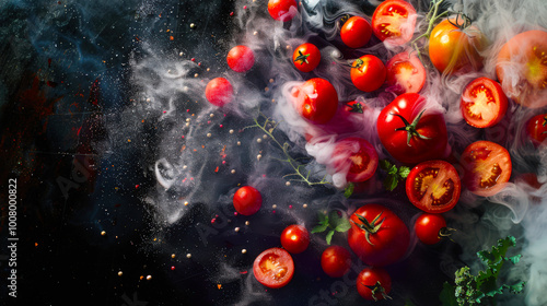 Red tomatoes of various sizes lie on a black table shrouded in thick white smoke. Close-up of a bunch of red tomatoes sprinkled with pepper flakes. There is something dark and mysterious