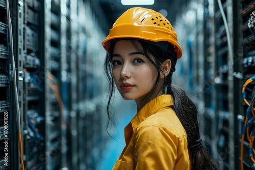 Young Woman in Yellow Hard Hat Looking at a Server Rack photo