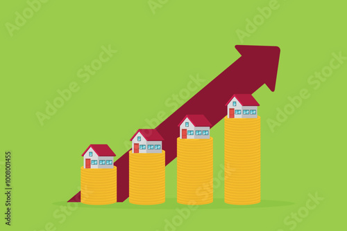 Arrow rise up above the house. The concept of growth in demand for real estate. Increase in the value of property	