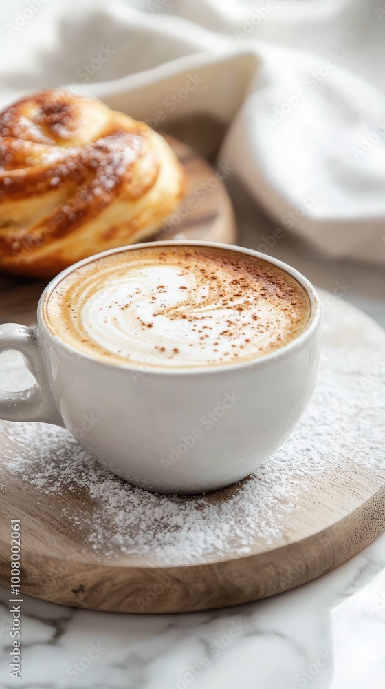 A cozy scene featuring a cup of coffee next to a freshly baked pastry on a wooden plate, perfect for morning indulgence. A cozy scene featuring a cup of coffee next to a freshly baked pastry on a wooden plate, perfect for morning indulgence.