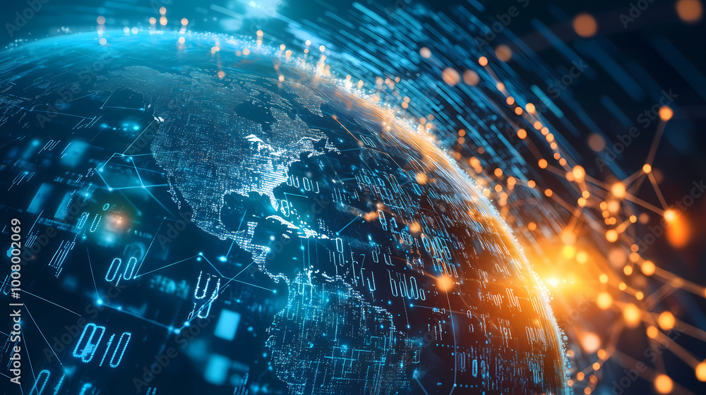 Fototapeta premium The graphical digital world background with an earth globe and digital numbers is a representation of the interconnectedness of the global digital landscape. Virtual Reality World. Illustration