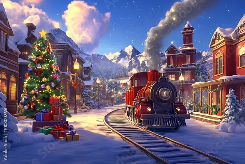 Christmas Train in a Snowy Village photo