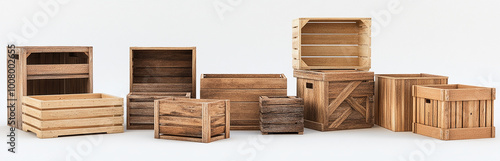A set of wooden crates in different sizes and styles, arranged on a white background