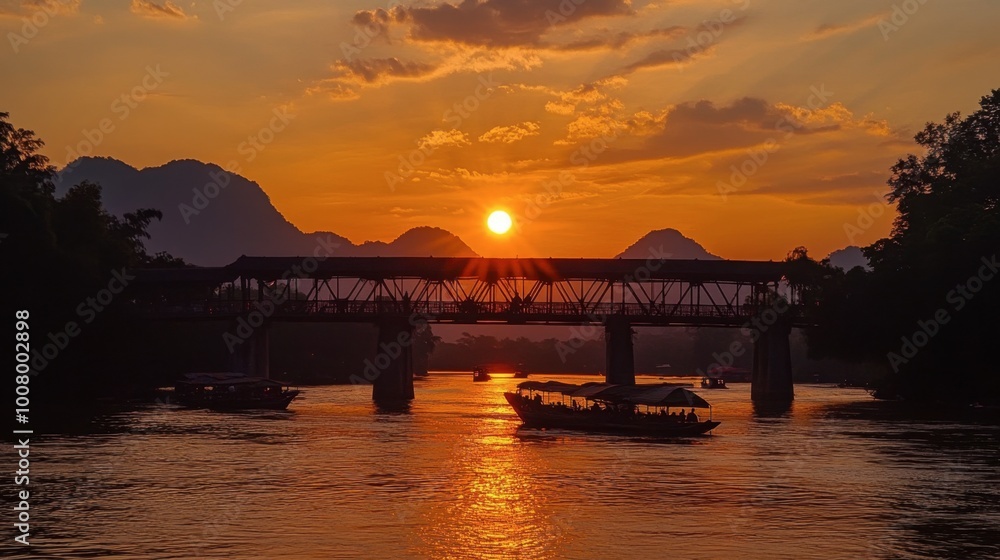 The picturesque view of the sunset behind the Mon Bridge, casting a golden glow. The picturesque view of the sunset behind the Mon Bridge, casting a golden glow.