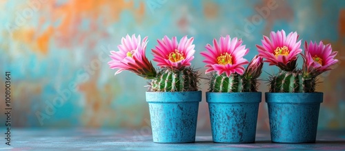 Wallpaper Mural Three pink blooming cacti in blue pots on a wooden table against a blurred background. Torontodigital.ca
