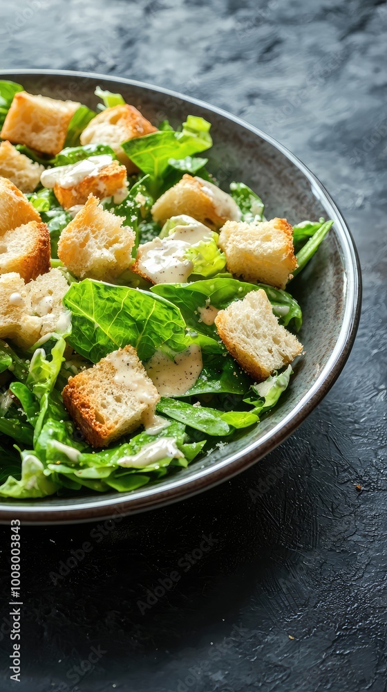 A fresh and vibrant salad with crisp greens, croutons, and a creamy dressing, perfect for a healthy meal or side dish. A fresh and vibrant salad with crisp greens, croutons, and a creamy dressing, perfect for a healthy meal or side dish.