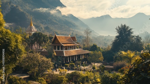 The serene atmosphere at the Wat Ban Tham temple, nestled in a mountainous landscape.