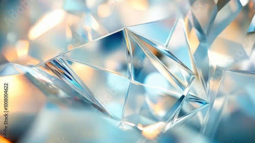 Glass surface with polygonal 3D refractive patterns reflecting light in a futuristic and modern abstract wallpaper design