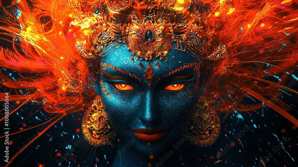 A close-up of a vibrant Hindu deity statue adorned with intricate decorations and soft bokeh lights, symbolizing spirituality and devotion. A close-up of a vibrant Hindu deity statue adorned with intricate decorations and soft bokeh lights, symbolizing spirituality and devotion.