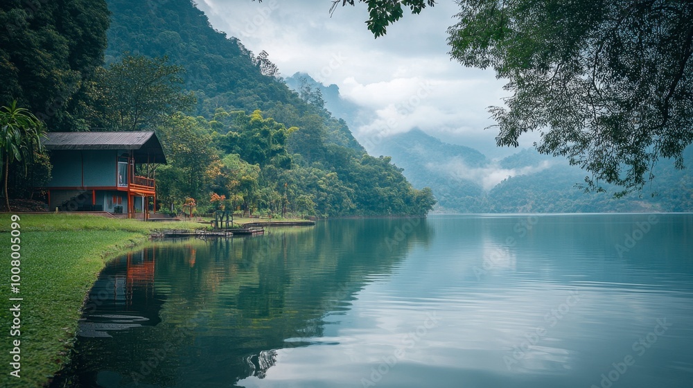 The serene lake and green surroundings at Lam Takhong Dam, a peaceful retreat. The serene lake and green surroundings at Lam Takhong Dam, a peaceful retreat.