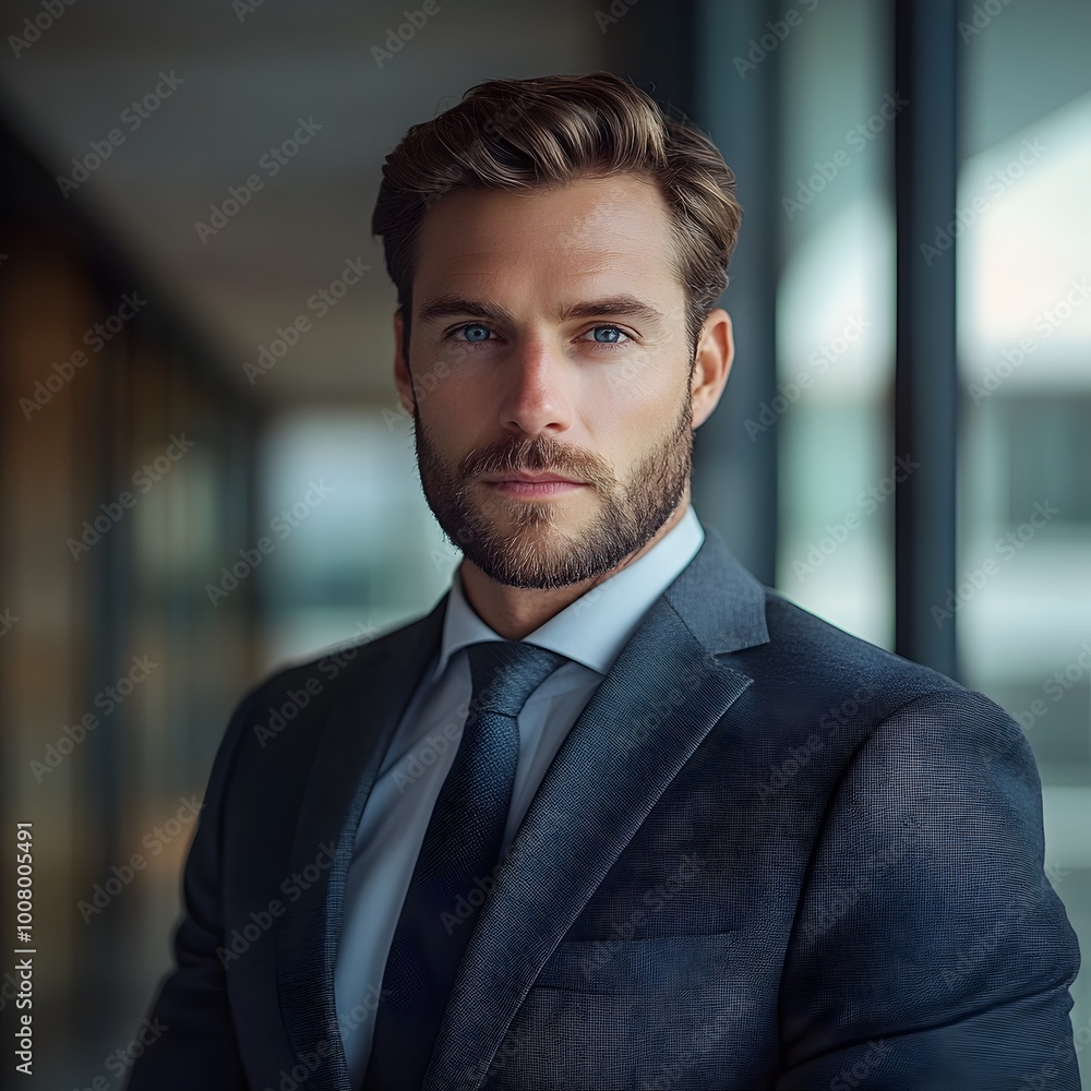 Focused Corporate Financial Analyst in Tailored Suit Gazing Confidently in Modern Office Environment Focused Corporate Financial Analyst in Tailored Suit Gazing Confidently in Modern Office Environment