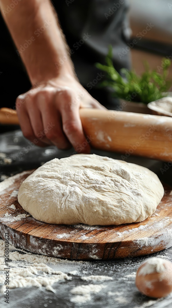 A hands-on approach to baking with dough on a wooden board, showcasing the art of preparing fresh bread from scratch. A hands-on approach to baking with dough on a wooden board, showcasing the art of preparing fresh bread from scratch.