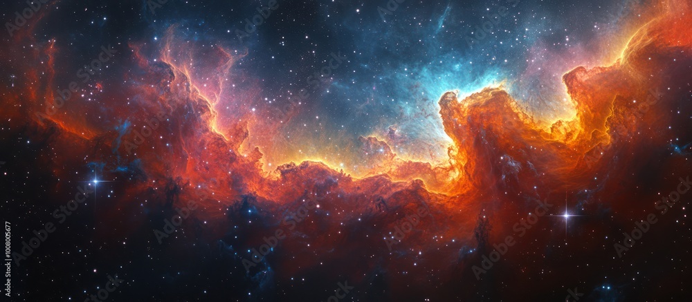 Obraz premium A mesmerizing view of a colorful nebula with bright orange and blue hues, glowing against a backdrop of twinkling stars in the vast expanse of space.