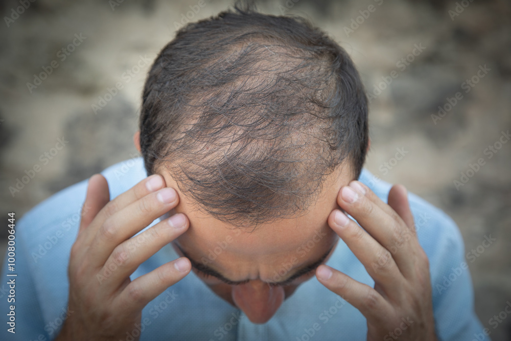 Caucasian man after six month hair transplantation. Caucasian man after six month hair transplantation.