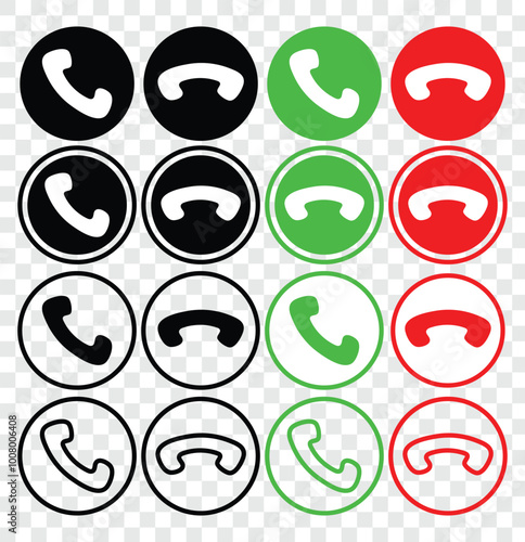 Telephone icon. Phone icon set, Telephone call sign, Contact us. Hung up, call pick up sign. Call sign. Vector illustration.