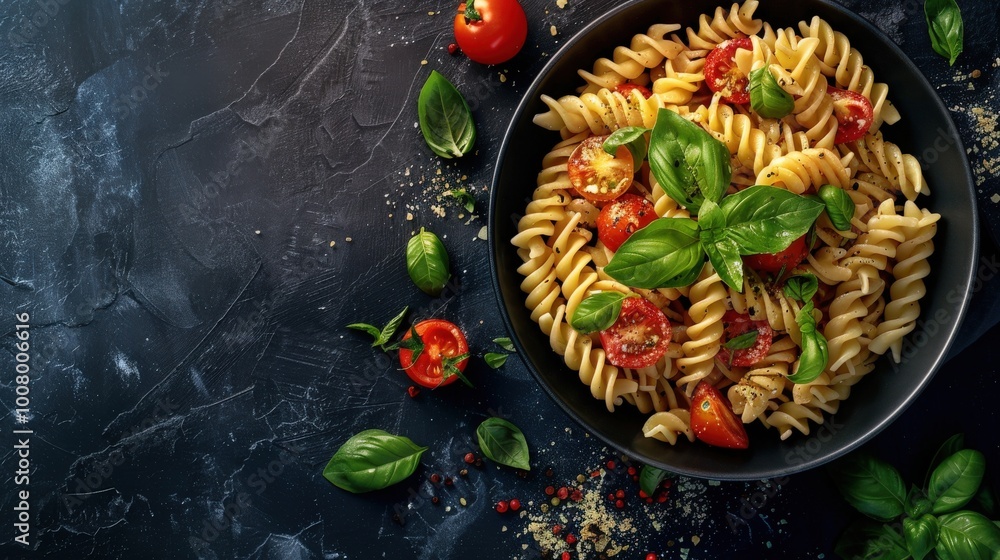 Fusilli Pasta with Mozzarella, Tomatoes, and Basil on Dark Backdrop Fusilli Pasta with Mozzarella, Tomatoes, and Basil on Dark Backdrop