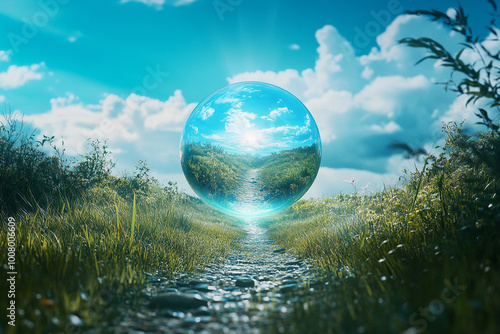 Soap bubble nature background with beautiful view inside.