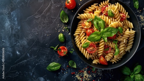 Fusilli Pasta with Mozzarella, Tomatoes, and Basil on Dark Backdrop