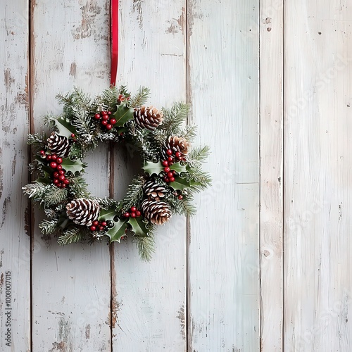 A Christmas wreath made of pinecones, holly, and berries, hanging on a rustic wooden door.