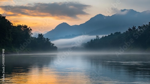 Wallpaper Mural The tranquil beauty of the Khwae Noi River at dawn, with mist rising from the water. Torontodigital.ca