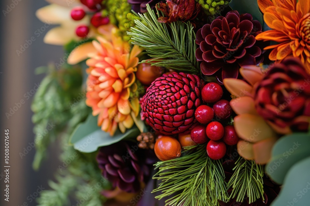 Close-up of a Floral Arrangement with Red Berries, Pine Needles, and Orange and Burgundy Flowers Close-up of a Floral Arrangement with Red Berries, Pine Needles, and Orange and Burgundy Flowers