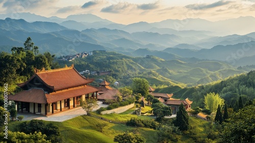 The tranquil setting of the Sikhio Buddha Footprint Temple, surrounded by rolling hills. photo