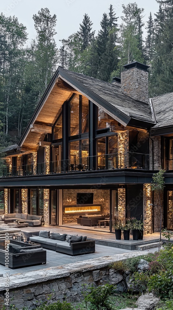 A modern mountain house with large windows and stone accents, surrounded by lush trees, showcasing contemporary architecture and design. A modern mountain house with large windows and stone accents, surrounded by lush trees, showcasing contemporary architecture and design.
