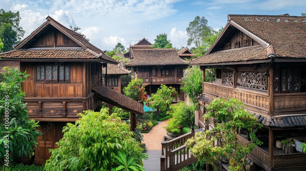 The unique wooden architecture of the Mon Village, showcasing traditional Thai craftsmanship. The unique wooden architecture of the Mon Village, showcasing traditional Thai craftsmanship.