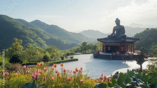 The tranquil setting of the Sikhio Buddha Footprint Temple, surrounded by rolling hills. photo