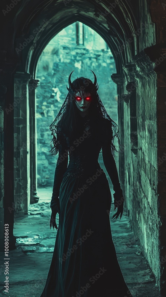 A mysterious figure in a dark gown with glowing red eyes stands in an ancient archway, creating an eerie atmosphere. A mysterious figure in a dark gown with glowing red eyes stands in an ancient archway, creating an eerie atmosphere.