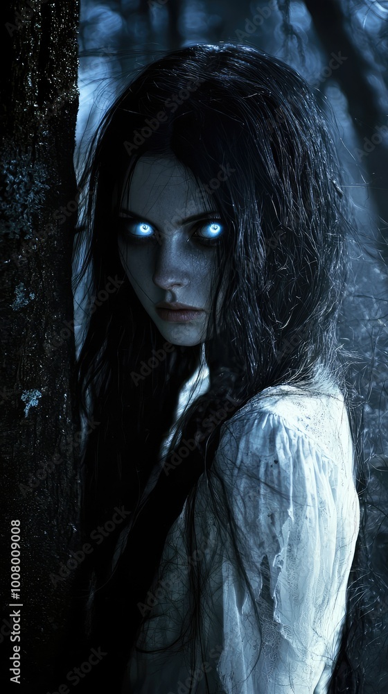 A mysterious figure with glowing eyes stands in a dark, eerie forest, evoking a sense of horror and intrigue. A mysterious figure with glowing eyes stands in a dark, eerie forest, evoking a sense of horror and intrigue.