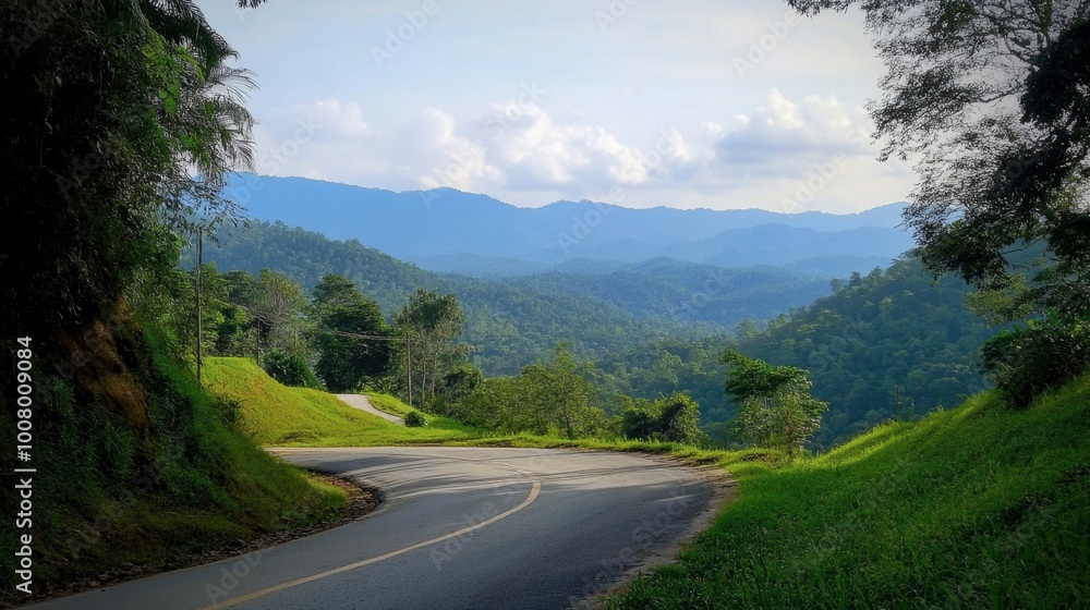 Fototapeta premium The winding roads and scenic hills at Wang Nam Khiao, a perfect escape from city life.