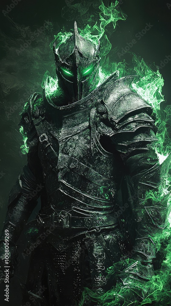 A mysterious knight in dark armor emanates a striking green glow, capturing an atmosphere of fantasy and adventure. A mysterious knight in dark armor emanates a striking green glow, capturing an atmosphere of fantasy and adventure.