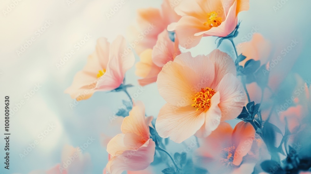 Vivid close-up of blooming colorful flowers set against a soft cloudy white background creating a dreamy atmosphere Vivid close-up of blooming colorful flowers set against a soft cloudy white background creating a dreamy atmosphere