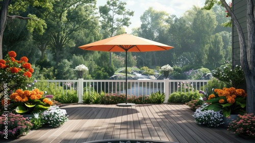 A stunning deck design, showcasing a bold orange umbrella and elegant white fence, surrounded by blooming flowers and a tranquil water feature