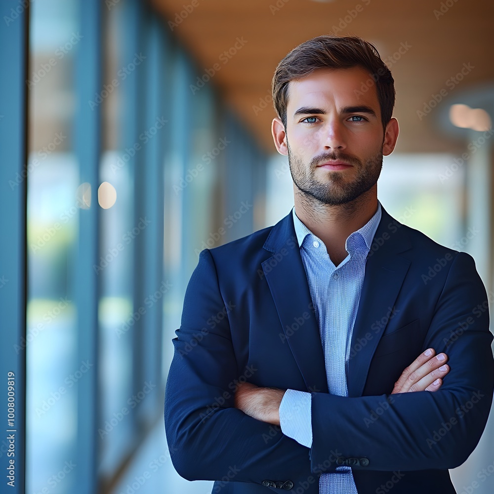 Confident Financial Analyst in Suit Looks at in Corporate Office Setting Confident Financial Analyst in Suit Looks at in Corporate Office Setting