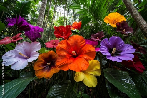 A cluster of tropical flowers growing in the shade of tall palm trees, with bold colors like orange, red, and purple standing out against the deep green of the jungle