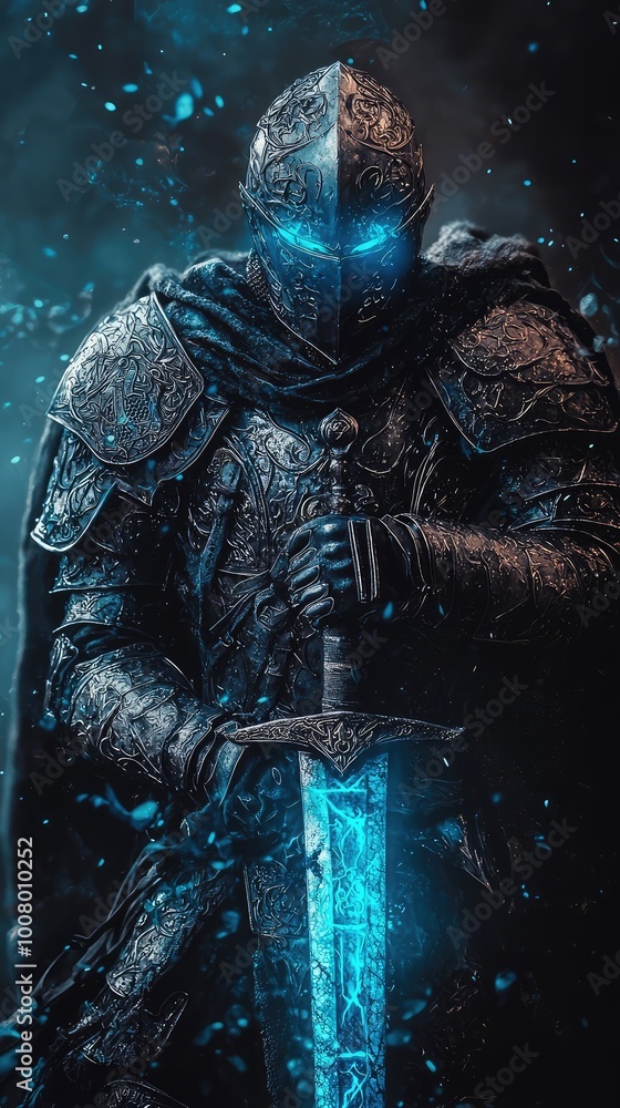 Fototapeta premium A mystical knight in shining armor, wielding a glowing sword, stands ready for battle amidst a spellbinding dark environment.