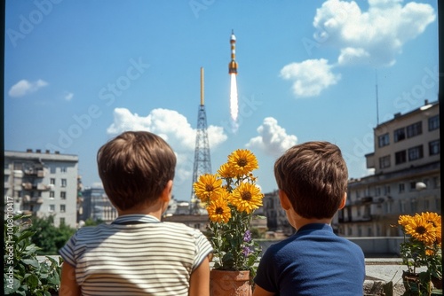 Fototapeta Naklejka Na Ścianę i Meble -  A family watching a space launch on television in the 1960s, symbolizing the excitement and collective aspirations of yesterdayâ€™s society during the space race