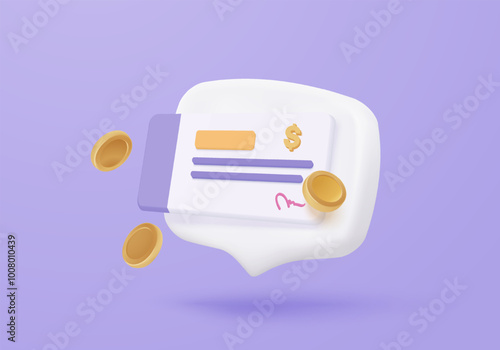 3D bank cheque with transfer, business money exchange, banking payment receipt. Composition with financial accounting, calculating and pay invest. 3d personal check icon vector render illustration