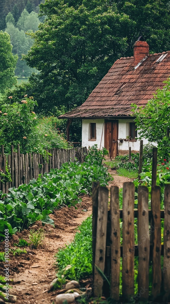 A peaceful rural scene featuring a quaint house nestled among vibrant gardens and lush greenery, perfect for nature lovers. A peaceful rural scene featuring a quaint house nestled among vibrant gardens and lush greenery, perfect for nature lovers.