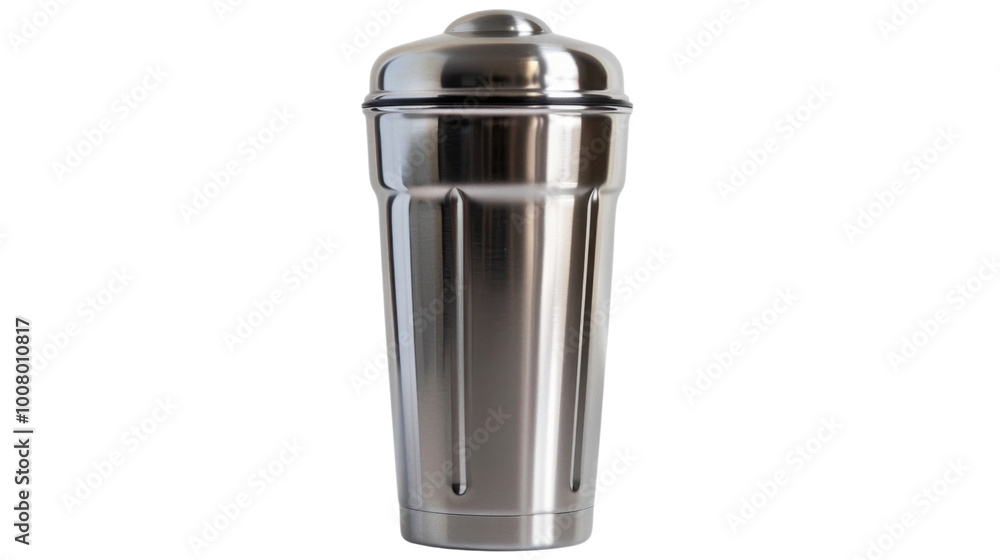 Stainless steel protein shaker with mixing ball on white background Stainless steel protein shaker with mixing ball on white background