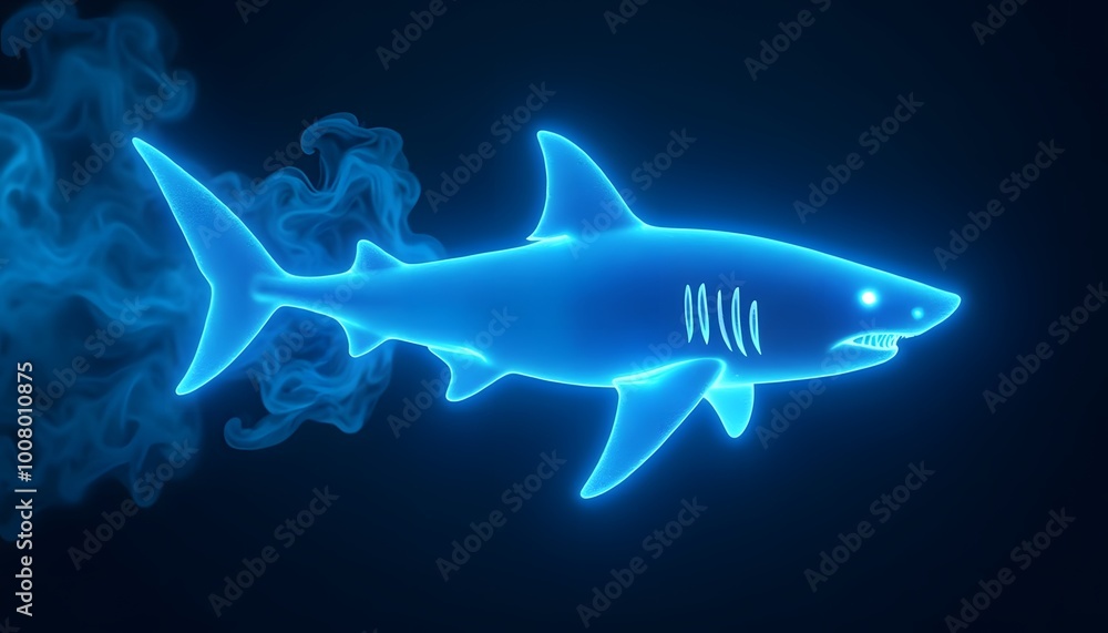 Neon blue shark silhouette glowing against dark background Neon blue shark silhouette glowing against dark background