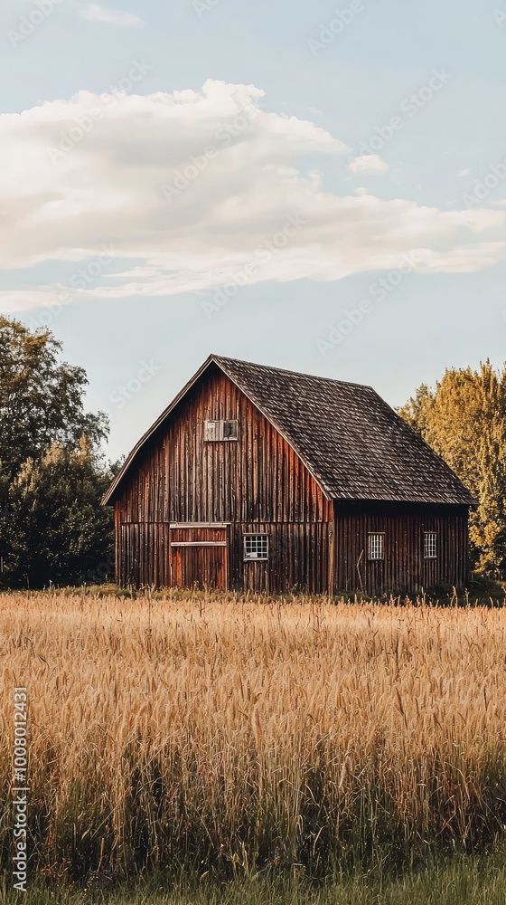 A rustic wooden barn set against a beautiful landscape, surrounded by golden fields and vibrant trees under a blue sky. A rustic wooden barn set against a beautiful landscape, surrounded by golden fields and vibrant trees under a blue sky.