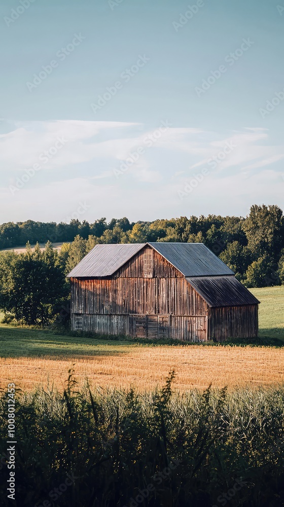 Obraz premium A rustic wooden barn stands surrounded by lush fields under a clear blue sky, showcasing a tranquil rural landscape.